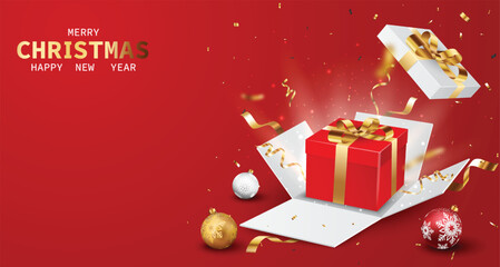 Wall Mural - opening red gift boxes with golden ribbons