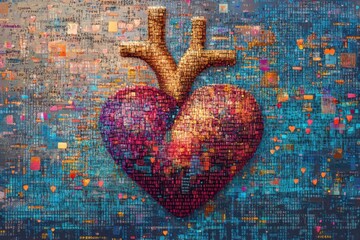 Aufkleber - A human heart is depicted at the center, intricately surrounded by colorful digital code, symbolizing the fusion of life and technology. Generative AI