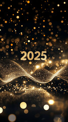 Wall Mural - 2025 happy new year abstract shiny gold glitter wave with bokeh design element