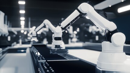 Poster - An advanced robotics factory floor with autonomous assembly robots working in synchrony, Industrial automation style, photo of