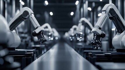 Poster - An advanced robotics factory floor with autonomous assembly robots working in synchrony, Industrial automation style, photo of
