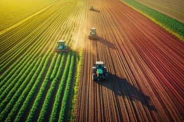 Aufkleber - Robotic machines efficiently plant and harvest crops across expansive fields under the warm light of evening. Generative AI