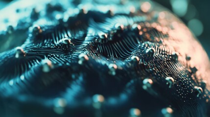 An extreme close-up of a brain-computer interface electrode array, demonstrating neural signal detection, Neurotechnology style