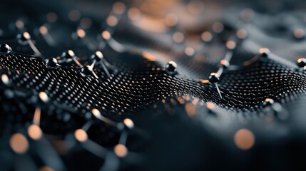 Poster - An extreme close-up of a graphene-based nanomaterial, displaying atomic structures and conductivity properties, Nanomaterials research style