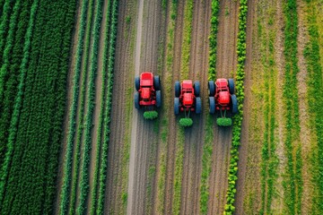 Aufkleber - Robotic machines are actively working on a farm, planting crops in neat rows under clear blue skies. Generative AI