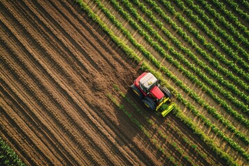 Aufkleber - Advanced robotic machines are actively planting crops in a vibrant farm field under bright daylight, showcasing modern agriculture. Generative AI