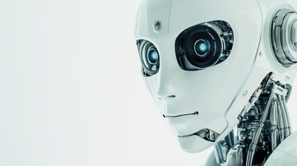Poster - An extreme close-up of a humanoid robot's facial recognition camera system, demonstrating advanced biometric identification capabilities, Robotics technology style