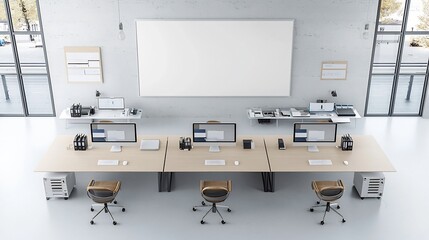Aufkleber - Aerial overhead shot of a spacious minimalist and modern office workspace featuring a long table neatly arranged with multiple computers professional equipment and accessories creating an organized