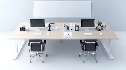 Aufkleber - Overhead 3D rendering of a clean and efficient modern office workspace setup  A long table with multiple computer workstations and essential office equipment