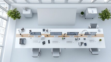 Leinwandbilder - Aerial overhead shot of a spacious sleek and organized modern office workspace featuring a long table with multiple computers and professional equipment neatly arranged
