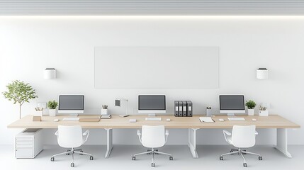 Leinwandbilder - Aerial view of a well organized contemporary office setup with a row of computers on a long desk a blank wall suited for mockups and soft lighting creating a welcoming and professional environment