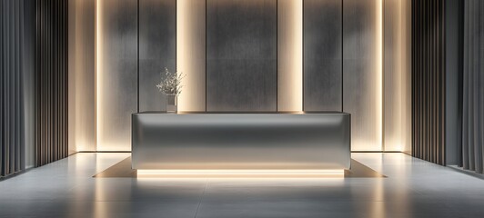 Wall Mural - 33. A sleek podium with a brushed steel surface, surrounded by soft lighting and clean lines, leaving room for a product display.