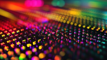 Poster - An extreme close-up of a quantum dot LED display showing high-resolution images and vibrant color reproduction, Quantum dot display technology style, photo of
