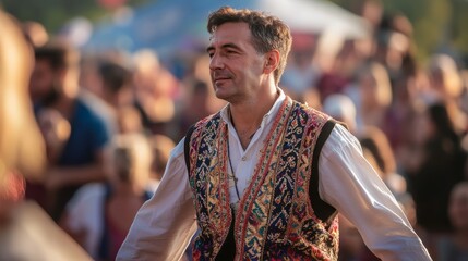 Wall Mural - Vibrant Bosnian Man Performing Folk Dance in Embroidered Vest Amid Lively Festival Crowd