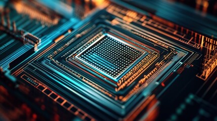 Poster - An extreme close-up of a quantum processor chip, showing superconducting qubits and quantum computing architecture, Quantum computing style