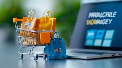 Aufkleber - Small shopping cart filled with bright bags and Fragile marked boxes placed in front of a laptop showcasing an online retail website