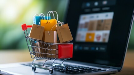 Aufkleber - Miniature shopping cart overflowing with colorful shopping bags and labeled cardboard boxes set against a laptop screen displaying an e commerce website