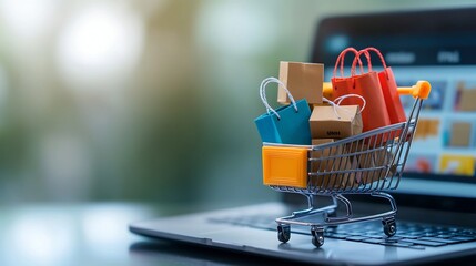 Aufkleber - Miniature shopping cart overflowing with colorful shopping bags and labeled cardboard boxes set against a laptop screen displaying an e commerce site