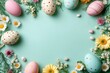 © SEUNGJIN - Happy Easter composition for easter design. Elegant Easter eggs and spring flowers on mint background. Flat lay, top view, copy space.