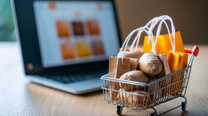 Fototapete - Shopping Cart Filled with Bright Mini Bags and Fragile Boxes Positioned in Front of a Laptop with an Online Store Screen Symbolizing Digital Consumerism and the Appeal of Online Shopping