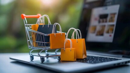 Fototapete - Online shopping cart filled with bright mini bags and fragile boxes positioned in front of a laptop with an e commerce store screen