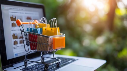 Aufkleber - Vibrant shopping cart loaded with small colorful bags and fragile marked boxes displayed against a laptop with an open online retail website