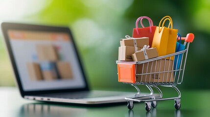 Aufkleber - Miniature shopping cart loaded with an assortment of multicolored shopping bags and fragile marked cardboard boxes positioned in front of an online store display presented on a laptop