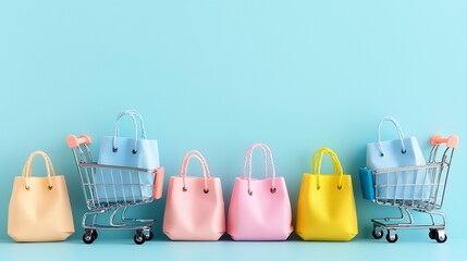 Poster - Cute Mini Shopping Cart with Pastel Colored Bags Sitting on a Soft Blue Background Representing the Fresh and Inviting Experience of Online Shopping and Retail