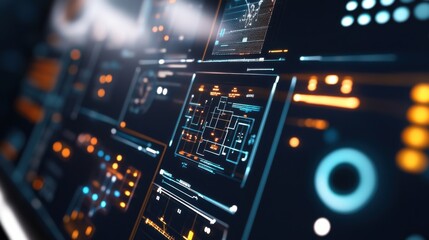 Poster - An extreme close-up of a smart grid energy management system interface, showing real-time monitoring and control capabilities, Energy technology style