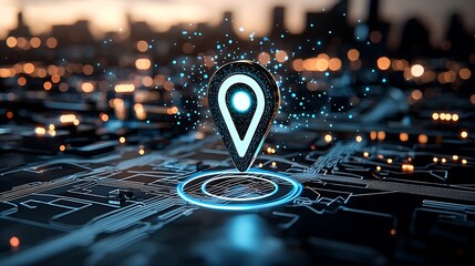 Poster - Digital map pin illuminated with blue particles guiding along a glowing path on a dark background symbolizing advanced GPS technology and modern navigation systems