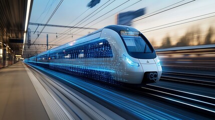 Fototapete - Futuristic high speed train glowing in striking blue hues surrounded by dynamic digital light trails that symbolize the advanced technology and modern transportation of the future