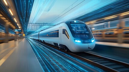 Poster - A futuristic high speed train glowing in vibrant blue surrounded by dynamic digital light trails representing the cutting edge technology and the vision of modern