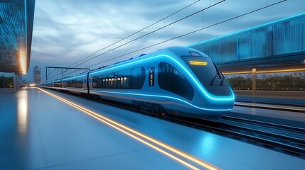 Poster - Glowing blue high speed train symbolizing advanced rail transportation technology and the future of efficient futuristic digital age commuting on a dynamic digital background