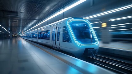 Fototapete - Futuristic Digital Artwork Depicting a Fast Moving Train Enveloped in Vibrant Blue Neon Lights Symbolizing Technological Progress and the Future of Urban Transportation