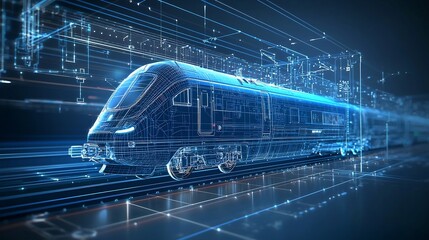 Wall Mural - Powerful high speed train rendered in digital blue with light effects illustrating the theme of futuristic transportation solutions  The image showcases a sleek