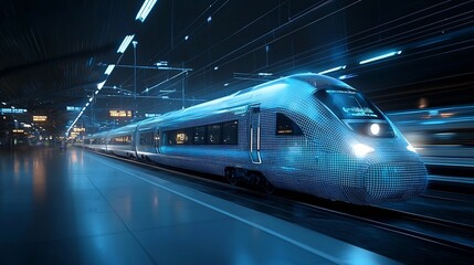 Fototapete - Powerful high speed train rendered in sleek digital blue with dynamic light effects showcasing the innovative and futuristic concept of advanced transportation solutions for the modern world
