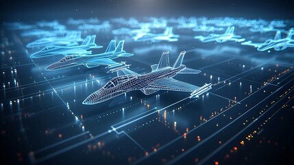 Poster - Blue neon style fighter jets maneuvering in a sleek and dynamic formation representing the latest advancements in aviation technology and military aerospace engineering