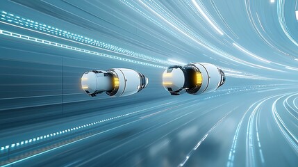 Poster - Two Futuristic Jet Aircraft Flying Side by Side in a Sleek Streamlined Formation Through a Vibrant Digital Blue Space Leaving Luminous Light Trails as They Soar at High Speed
