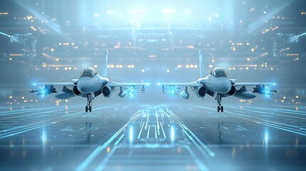 Poster - Two digitally rendered jets soar through a high tech environment their sleek fuselages glowing with vibrant blue lights as they leave mesmerizing laser like trails in their wake  This futuristic