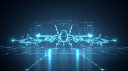 Poster - Sleek and advanced fighter jets in a tight formation with glowing neon style outlines and dynamic digital light effects representing the cutting edge of modern aviation technology and engineering