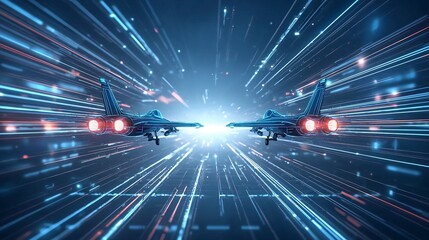 Poster - Two high speed fighter jets soaring through a digital neon lit sky with vibrant blue lighting effects creating a dynamic futuristic aviation scene