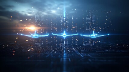 Poster - Powerful conceptual jet planes glowing in vibrant blue hues soaring in perfect sync through a dynamic digital landscape filled with radiant light beams and an ethereal atmosphere