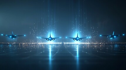Poster - Conceptual jet planes gliding in unison through a luminous digital landscape