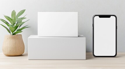 Poster - Minimalist packaging mockup featuring a blank white box and label alongside a smartphone with a blank screen great for showcasing brand consistency and product design in a modern clean