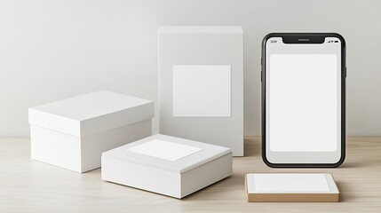 Poster - Minimalist packaging mockup featuring a blank white box and label for product design alongside a smartphone with a blank screen for app display