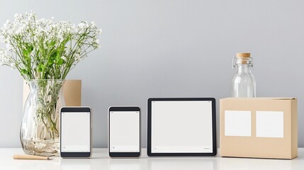 Aufkleber - Elegant scene featuring a tablet and smartphone with blank digital screens