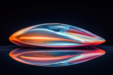 Colorful glass object resting on black surface, refracting light elegantly, creating spectrum of colors in bold contrast.