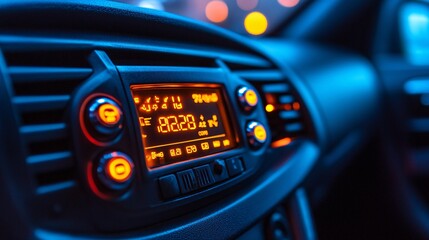 Closeup of car automobile interior with multimedia display screen and radio. Navigation system electronic technology dashboard
