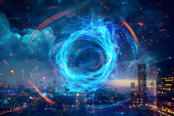 Canvas Print - Neon hologram with a swirling blue vortex in a futuristic cityscape, glowing with particles.