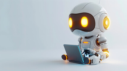 cute friendly artificial intelligence robot using laptop computer with white neon glow light, light 